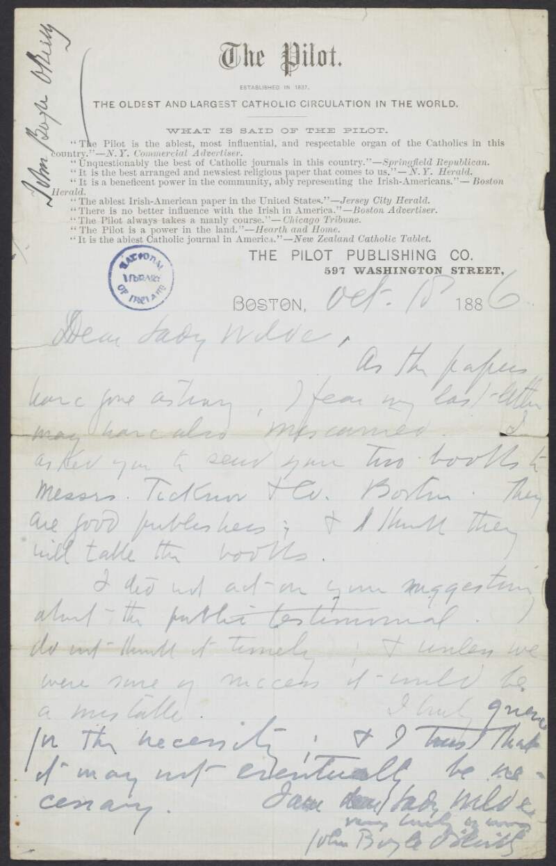 Letter from John Boyle O'Reilly to Lady Wilde, suggesting that she send certain books to a publisher in Boston, and referring to a "public testimonial" which he feels would not be "timely",