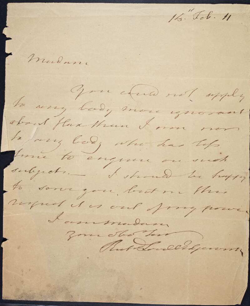 Letter from Richard Lovell Edgeworth to a "Madam", responding to a request explaining that on this occasion it is out of his power,