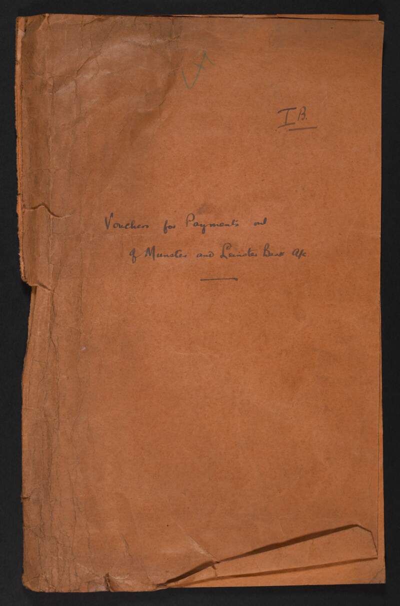 Orange folder with inscription "I.B. Vouchers for Payments out of Munster and Leinster Bank A/C",