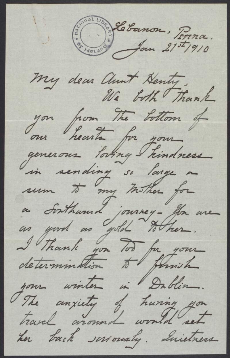 Letter from John Mitchel Page [grandson of John Mitchel] to his great-aunt Henrietta Martin [wife of John Martin], thanking her for sending a large sum of money to his mother and reporting on the state of her health,