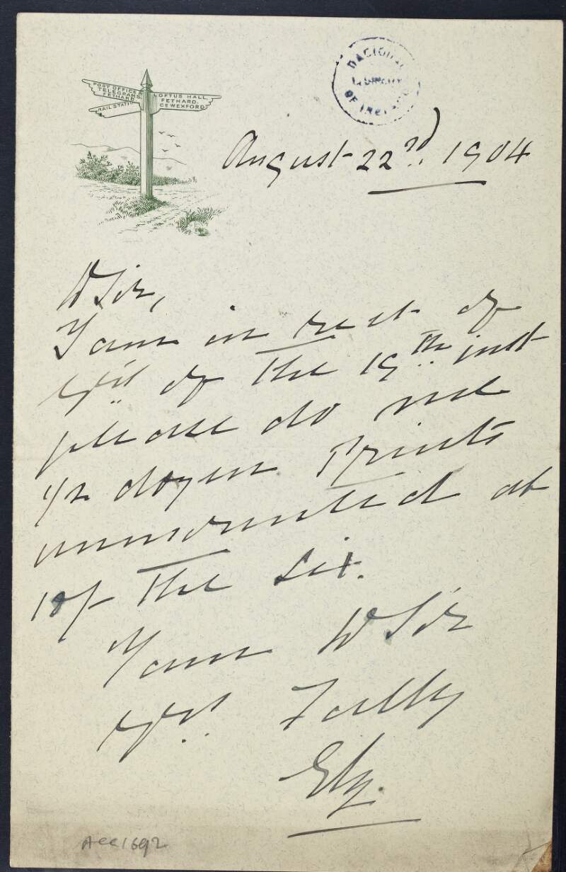 Letter from John Henry Loftus, Marquess of Ely, to unidentified recipient, acknowledging their reply and referring to prints,