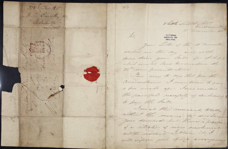 Letter from H.J.Emmett, 5 Little Smith Street, Westminster, to J.C.Lyons, concerning a payment of a bill for £16.9.2. and a demand,