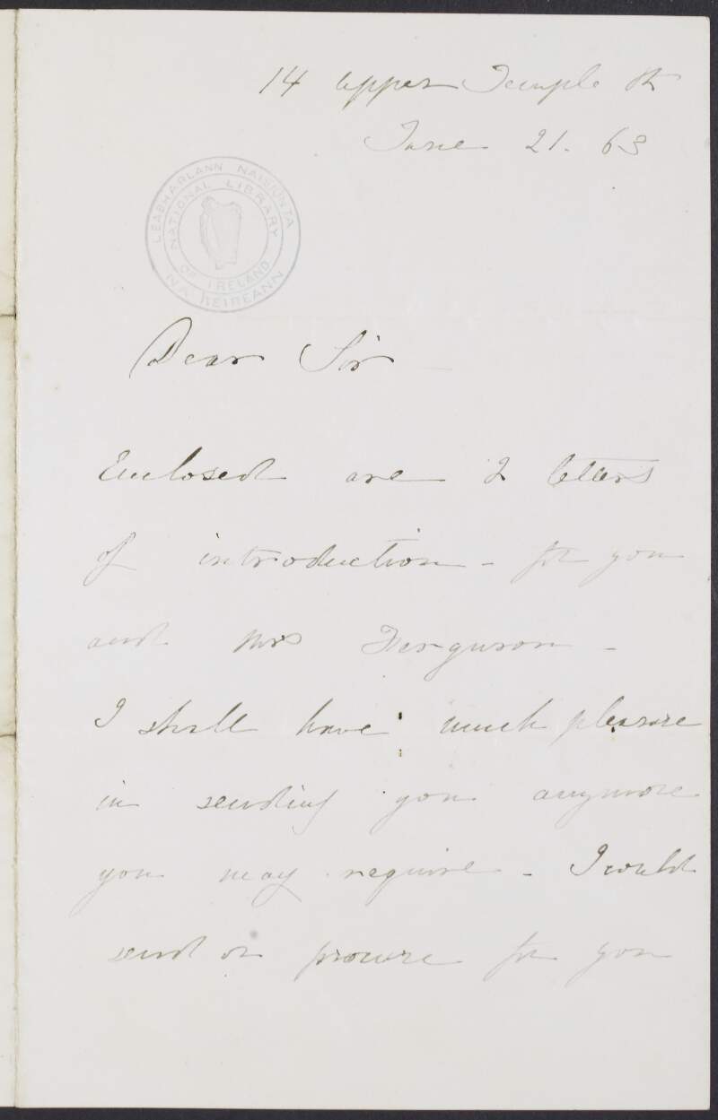 Letter from Delia Tudor Stewart Parnell to unknown recipient, enclosing letters of introduction for him and for Mrs. Ferguson and wishing them a pleasant journey to Paris,