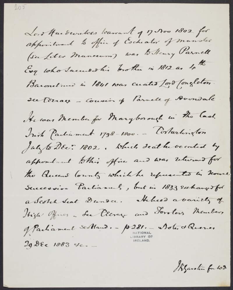 Note from J.R. Garstin to William Frazer, Royal Irish Academy, concerning a letter appointing Henry Parnell as the Escheator of Munster in 1802,