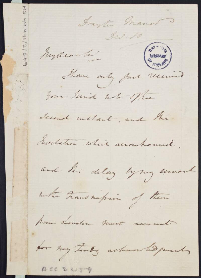 Letter from Robert Peel to Martin Archer Shee, stating that he would not be able to attend "the occasion of the distribution of the gold medals",