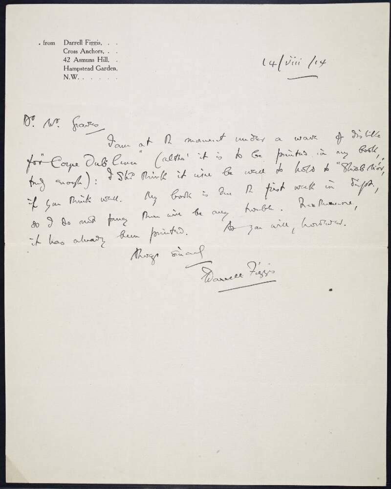 Letter from Darrell Figgis to  W.Graves, regarding his book being due the first week in September and does not fancy any trouble,