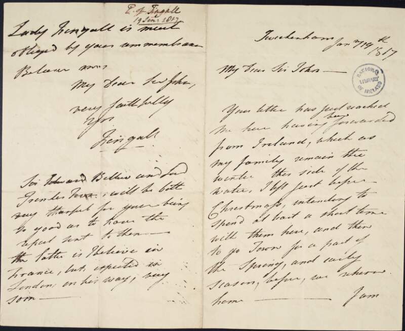Letter from Arthur James Plunkett, Earl of Fingall, to "Sir John", regarding Christmas and having a copy of a report,