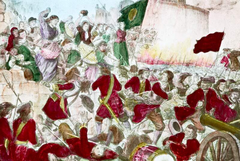 'In the breach of Limerick'. Women throwing rocks, harp on flag.
