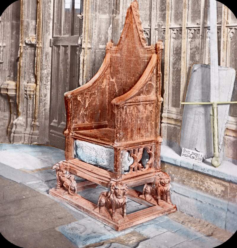 Tinted negative, throne with stone insert - Scottish - with sword and shield.