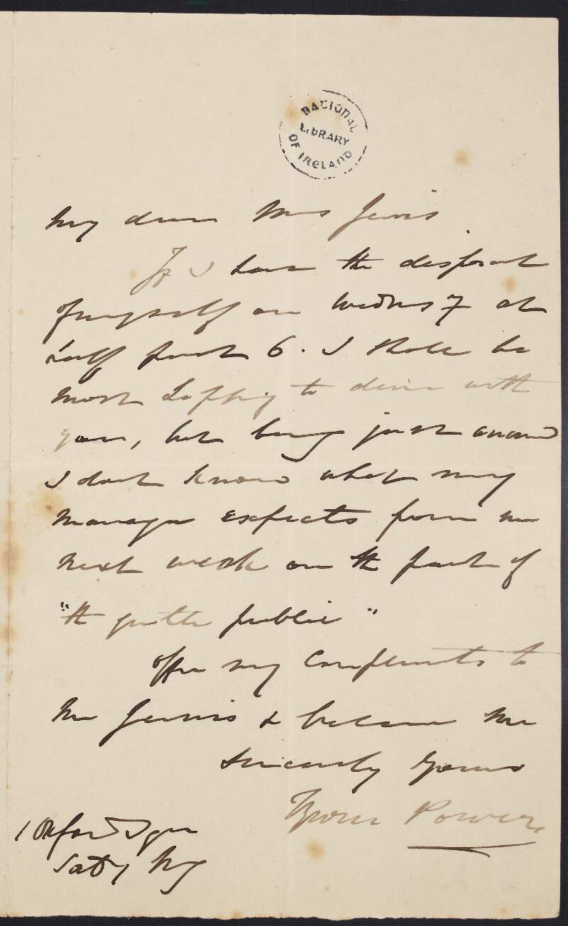 Letter from Tyrone Power to Mrs. Jervis, responding to an invitation to dine with her,