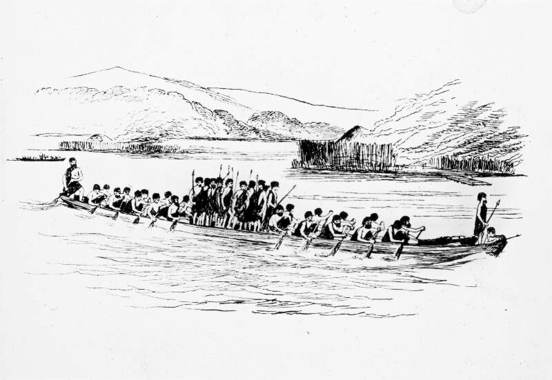 Wood Martin sketch, Irish history. War canoe with figures.