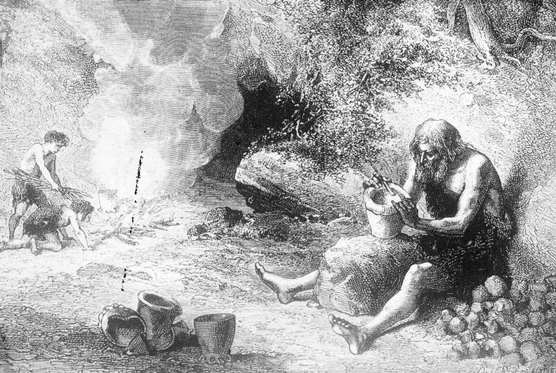 Etching, 'The first potter', with two helpers tending fire at mouth of cave.
