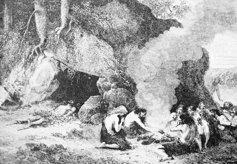 Etching, 'Funeral feast during the great bear and mammoth period'. Five figures around fire at cave.