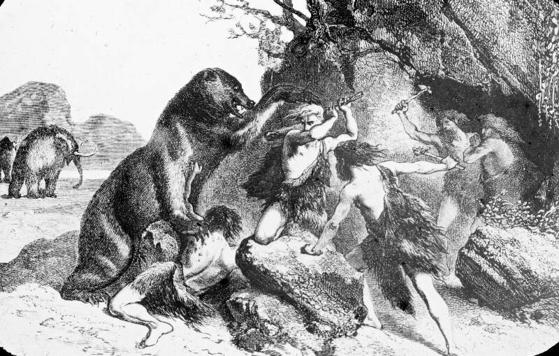 Etching, 'Great bear and mamoth', with figures under attack from former.
