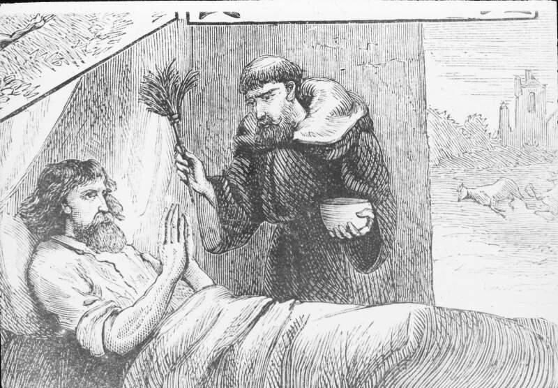 Engraving, crude: friar administers last rites to man.