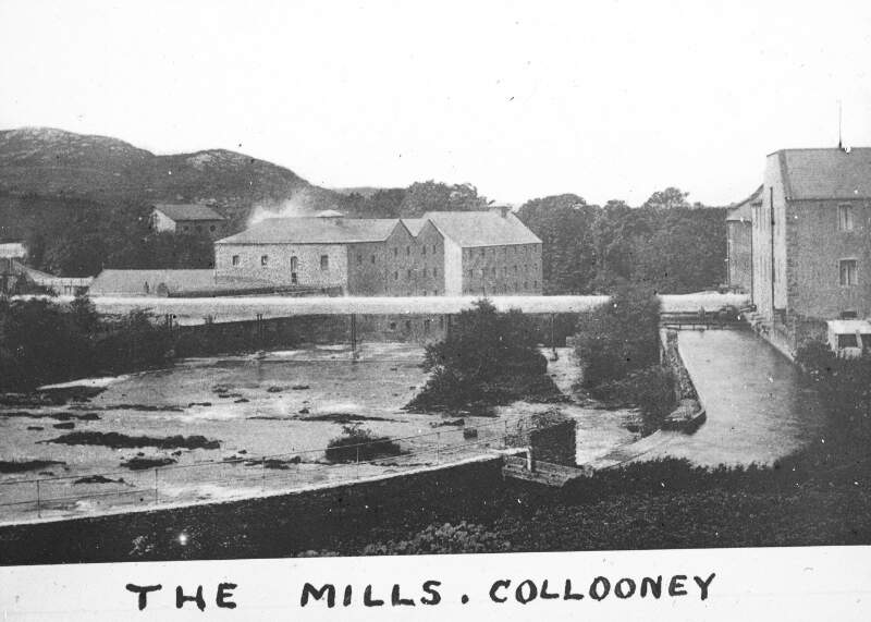 Exterior, The Mills, Collooney, with water run/river alongside.