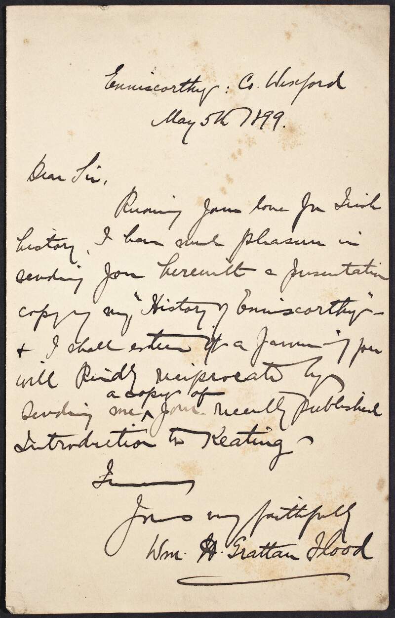 Letter from William H. Grattan Flood to [Daithí Ó Coimín], sending him a copy of 'History of Enniscorthy' and a recently published introduction to Keating,