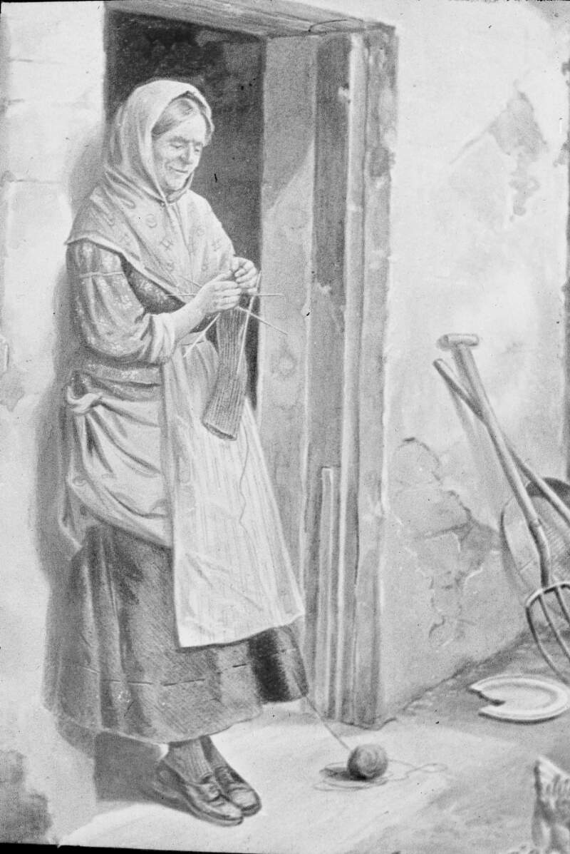 Woman standing in a doorway, with crotchet needle, at work.