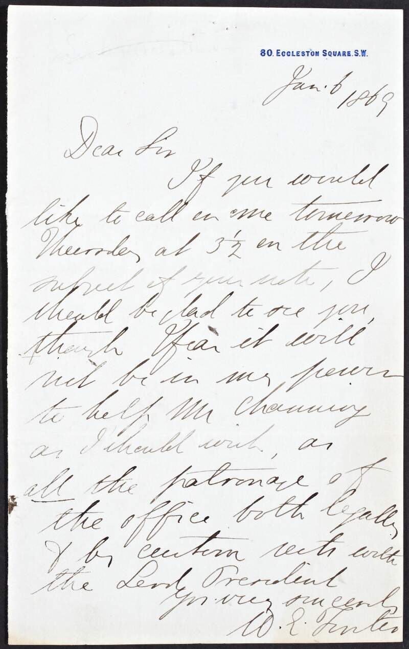 Letter from W.E. Forster to unknown recipient, arranging a time for them to call in and explaining it is not in his power to help "Mr. Channing",