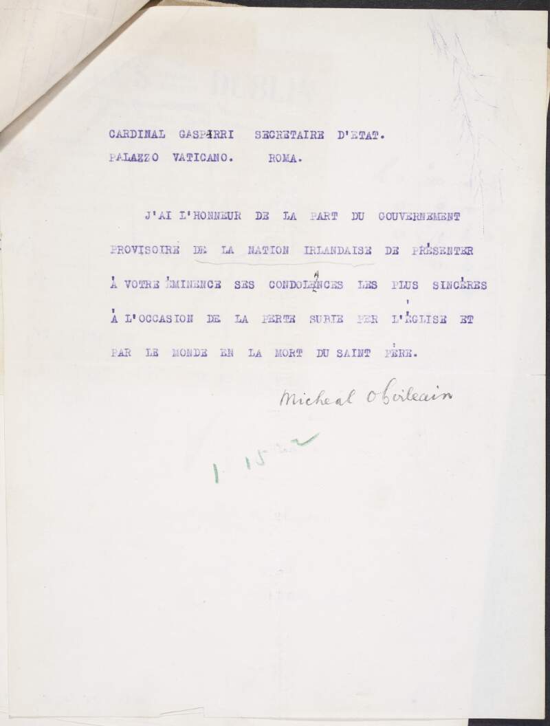Copy of telegram from Michael Collins to Cardinal Pietro Gasparri, offering his condolences on behalf of the Provisional Government of Ireland on the death of Pope Benedict XV,
