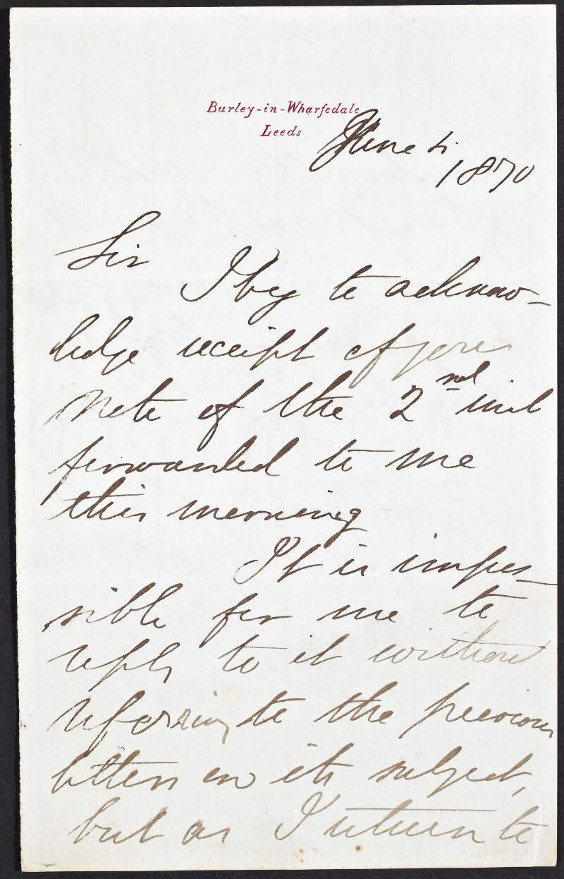 Letter from W. E. Forster to Charles Williams, M.P., regarding returning to London and informing that he will receive an answer before the end of the week,