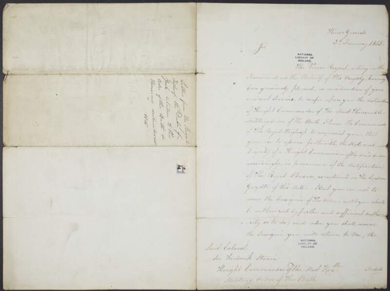 Letter from Frederick, Prince, Duke of York and Albany to Sir Frederick Stovin, awarding him with the distinction of Knight Commander of the Most Honorable Military Order of Bath,