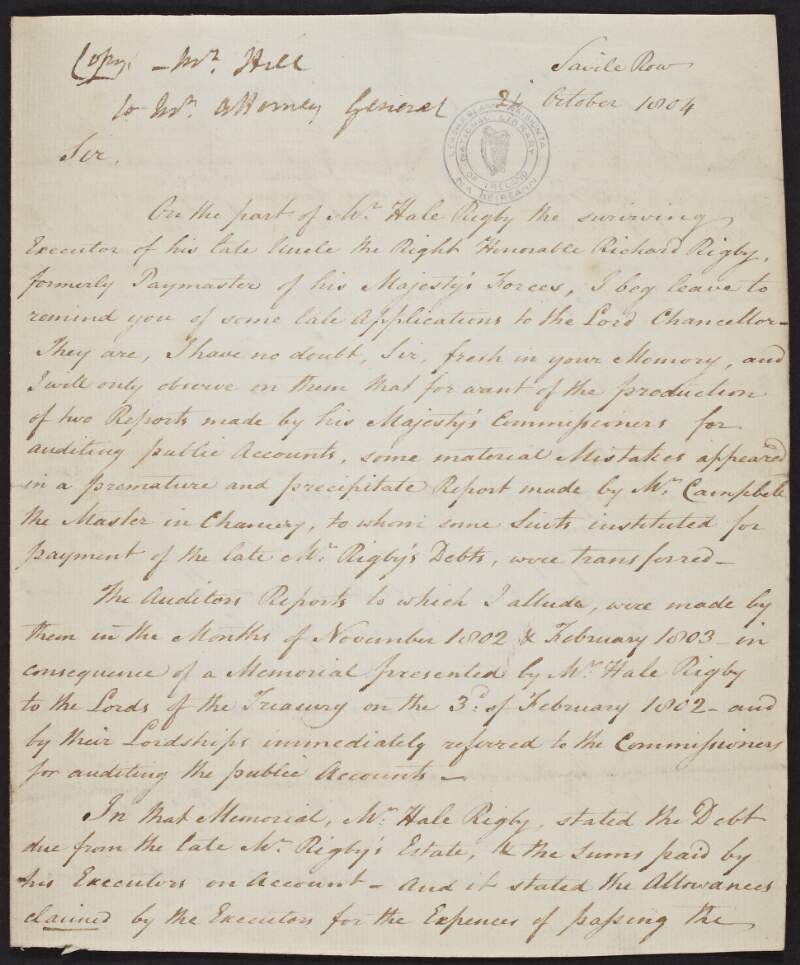 Copy letter from Joseph Hill to Spencer Perceval, Attorney General, on behalf of Mr Hale Rigby setting out the issues involved in settling the estate of Richard Rigby,