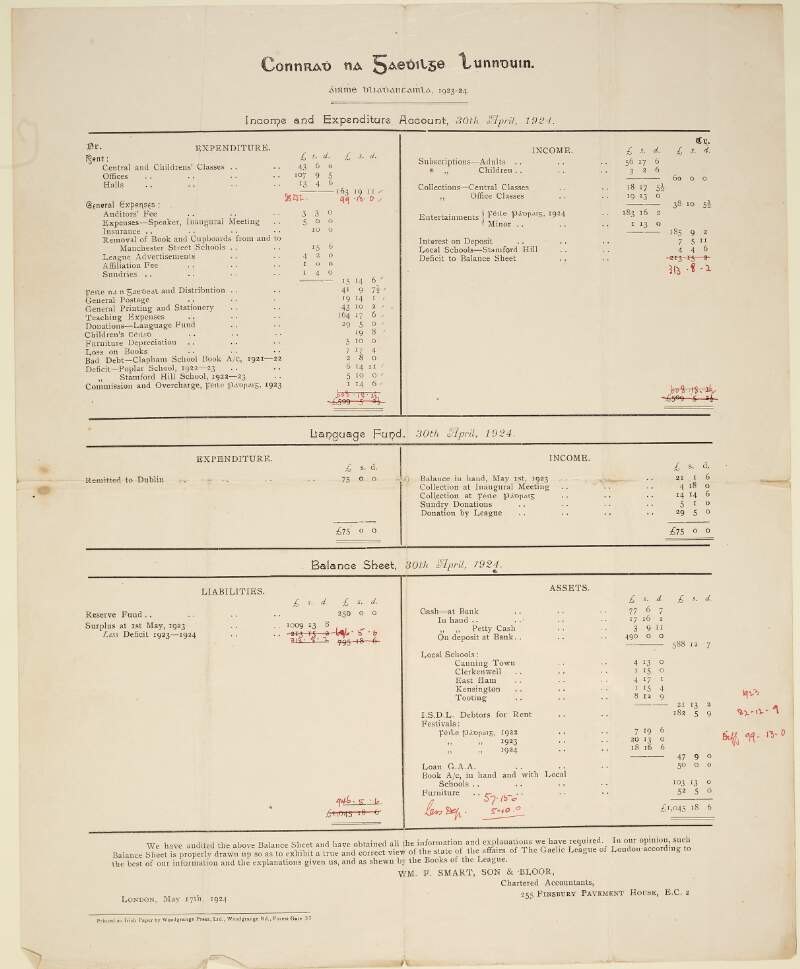 Connradh na Gaedhilge, Lunnduin, áirmhe bliadhantamhla, 1923-24. Income and expenditure account, 30th April, 1924 /
