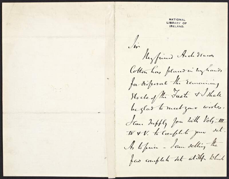 Letter from John Ribton Garstin of Greenhill, Killiney, Dublin, to unidentified recipient, informing that he is selling volumes such as the 'Fasti' and inviting him to call to the Royal Irish Academy House to arrange what they want,