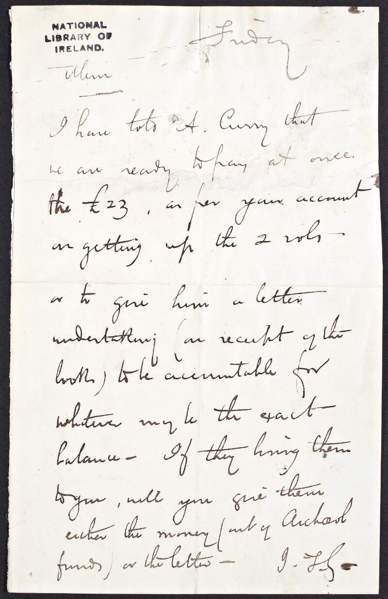 Letter from John Thomas Gilbert to unknown recipient, regarding the payment of two volumes