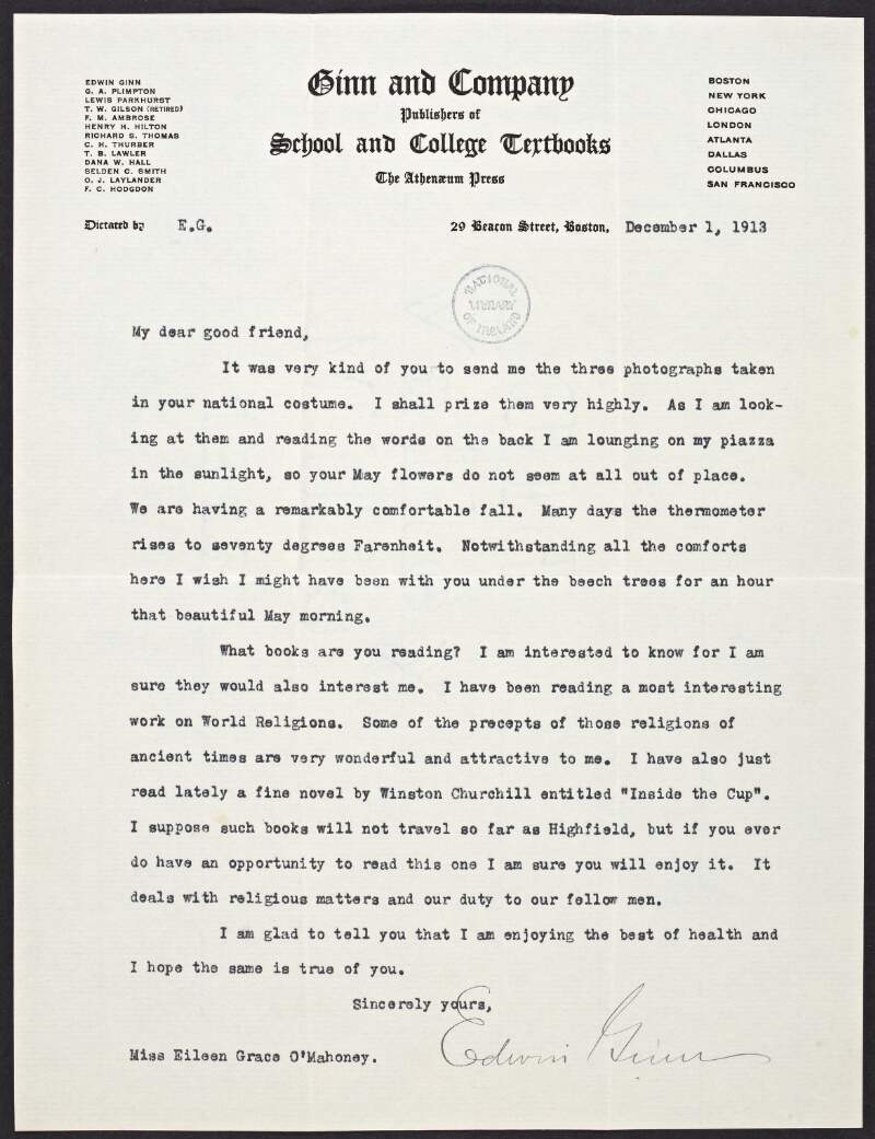 Letter from Edwin Ginn to Eileen Grace O'Mahoney, concerning photographs she sent him and a book entitled, 'Inside the Cup', by Winston Churchill,
