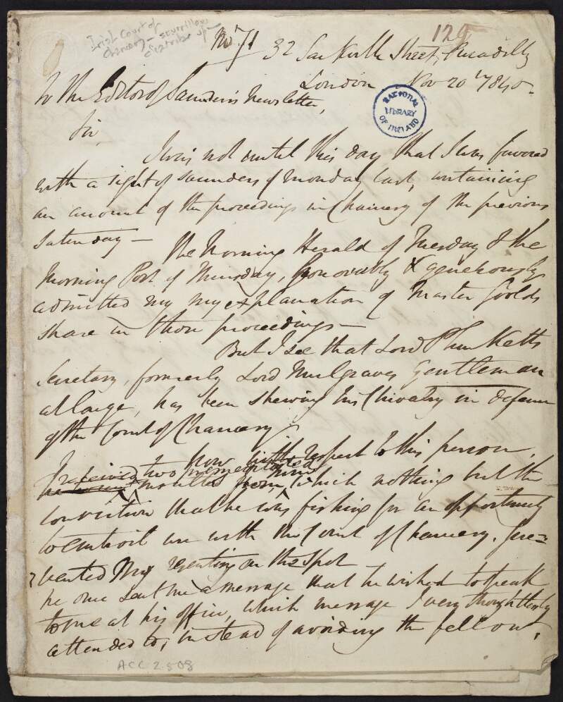 Copy letter from Gordon Samuel to the editor of Saunder's Newsletter, regarding Lord Plunkett's secretary showing his chivalry in defence of the Court of Chancery,