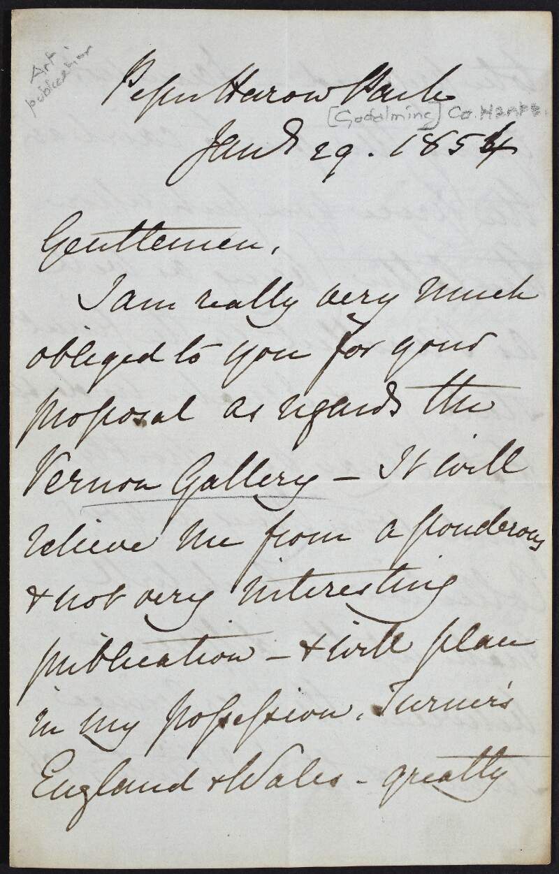 Letter from Archibald Acheson, Earl of Gosford, to Messrs. Paul and Dominic Colnaghi & Company, regarding a proposal relating to the Vernon Gallery and informing that he will call in Tuesday,