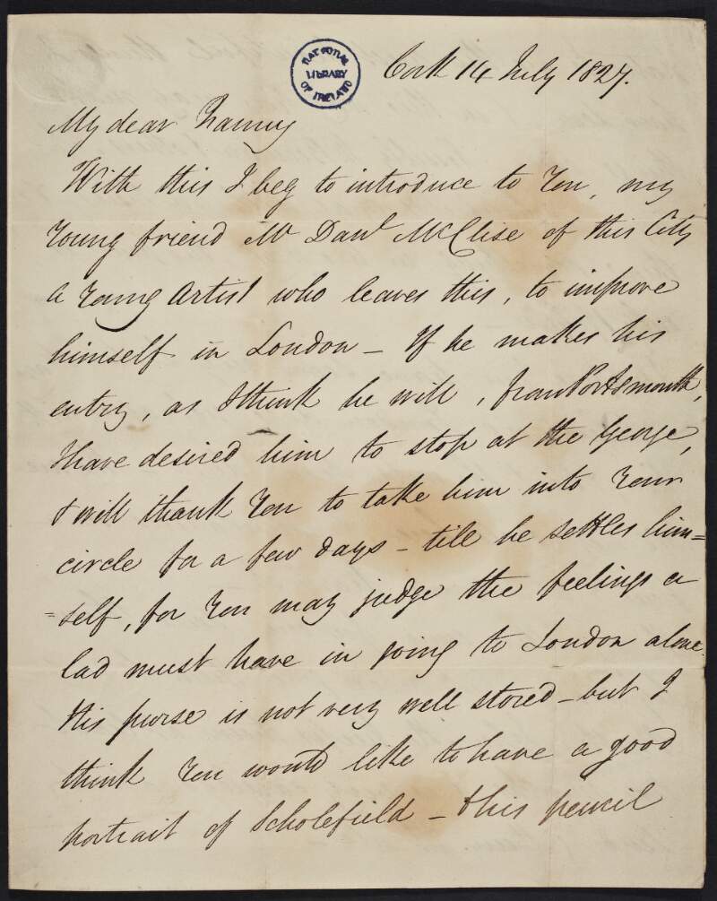 Letter from Richard Sainthill, Cork, to Mrs Fanny Scholefield, George Inn, introducing a young artist, Daniel McClise to her,