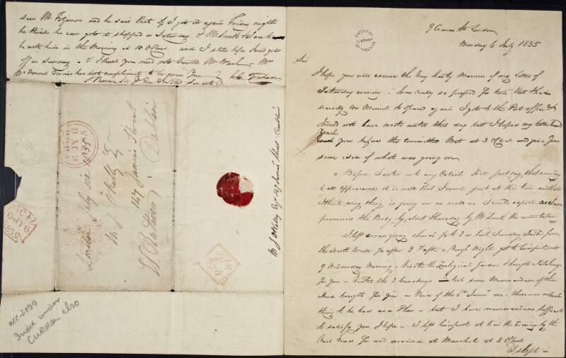 Letter from John Graham to J. O'Kelly, regarding the burial of John Philpot Curran in Glasnevin cemetery,