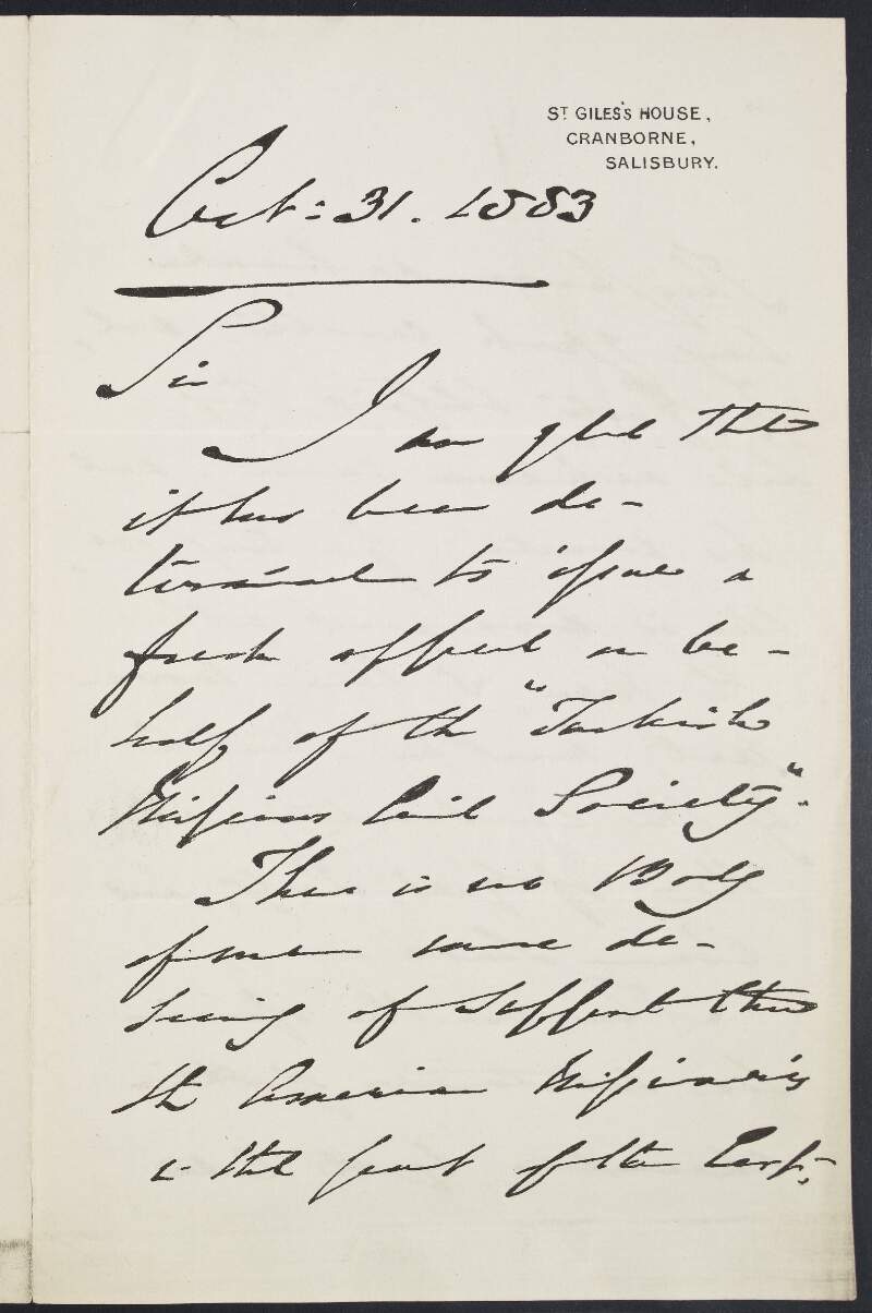 Letter from Anthony Ashley-Cooper, Earl of Shaftesbury, to T.W. Brown, regarding an appeal,
