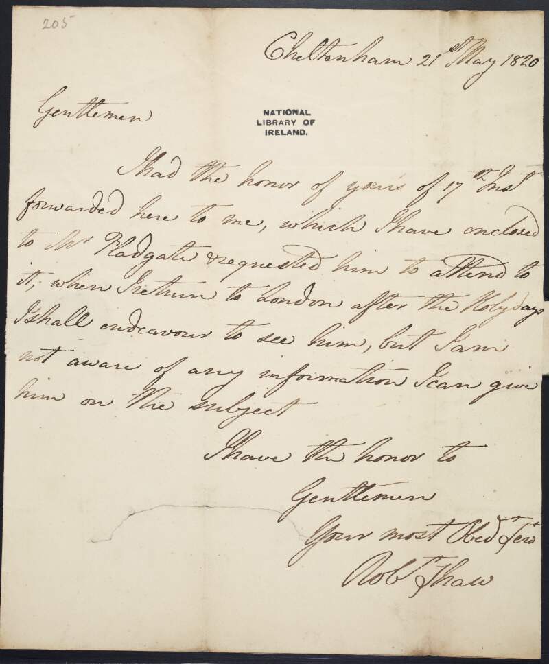 Letter from Sir Robert Shaw, to Messrs Greene and Whistler, City Law Agents, informing them that he has forwarded their letter to Mr Hadgate,