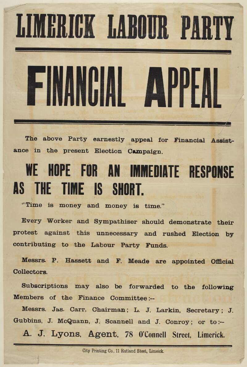 Limerick Labour Party : financial appeal /