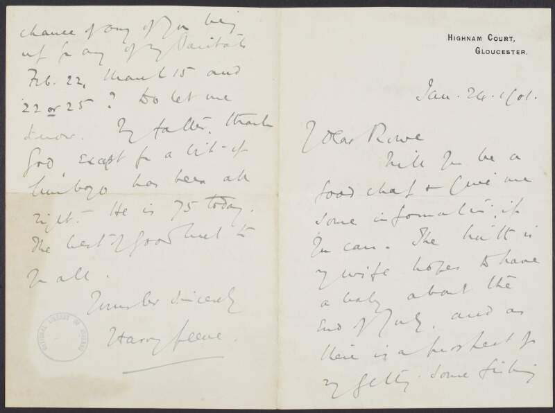 Letter from Harry Plunket Greene to "Rowe", asking his opinion on where to stay in Canterbury, if they are available to go to any of his recitals and informing that someone is 75,