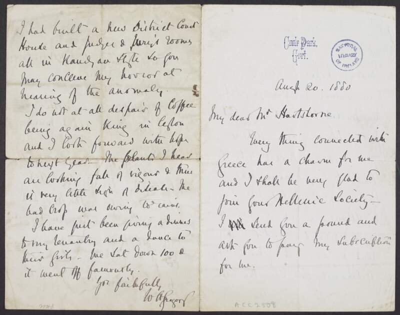 Letter from Sir William Henry Gregory, writer and politician, to Mr. Hartshorne, regarding his payment of a subscription to the Hellenic Society and his travels in Greece,