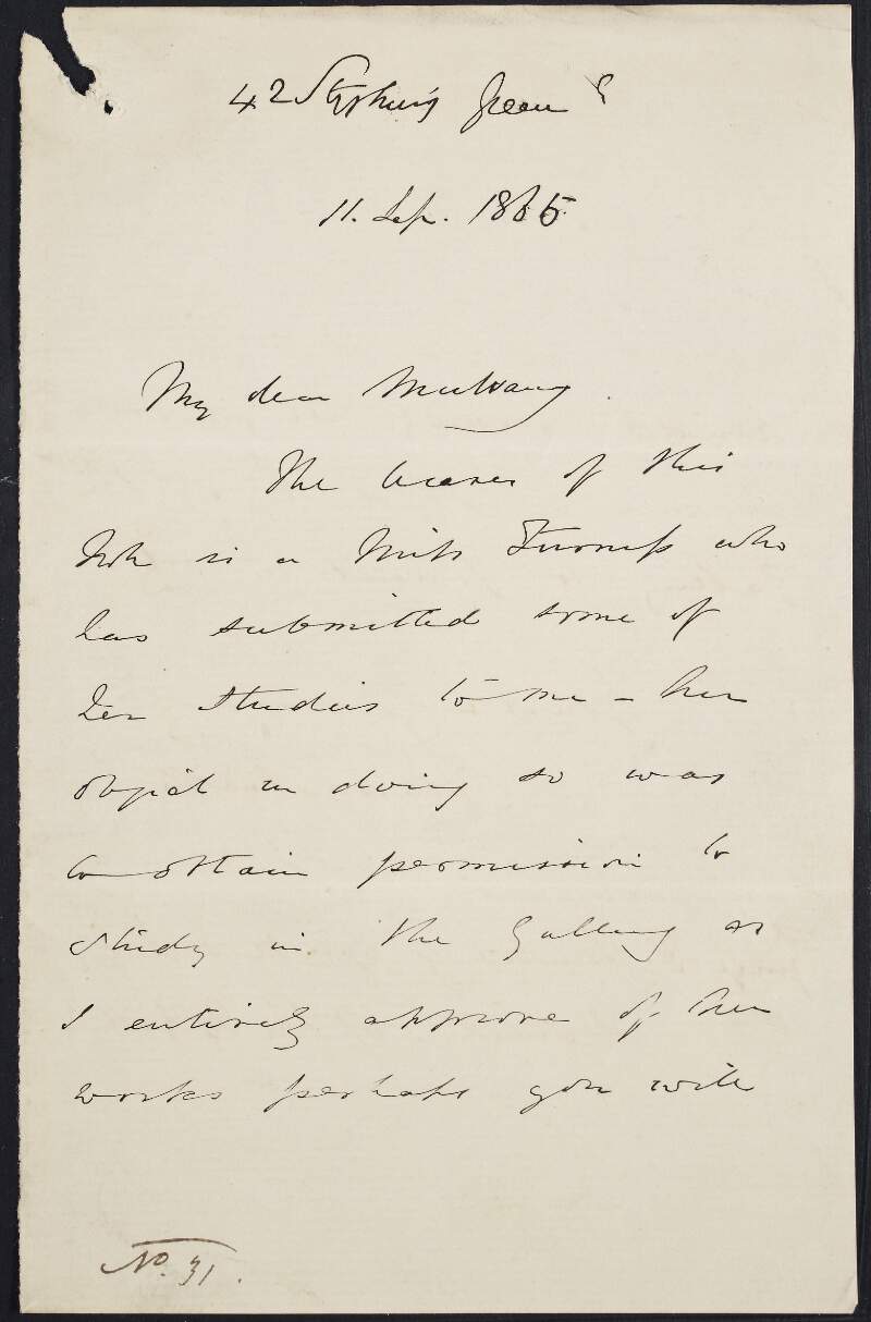Letter from Stephen Catterson Smith, to George F. Mulvany, asking for permission for Miss [Furniss?] to study at the National Gallery,
