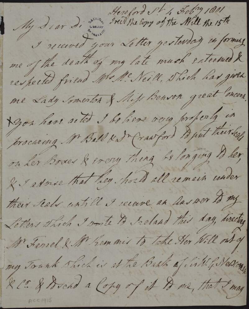 Letter from Charles Agar, Archbishop of Cashel, to "Miss Agar", advising her on how to deal with the possessions of the late Lyndon McNeill until her will is read,