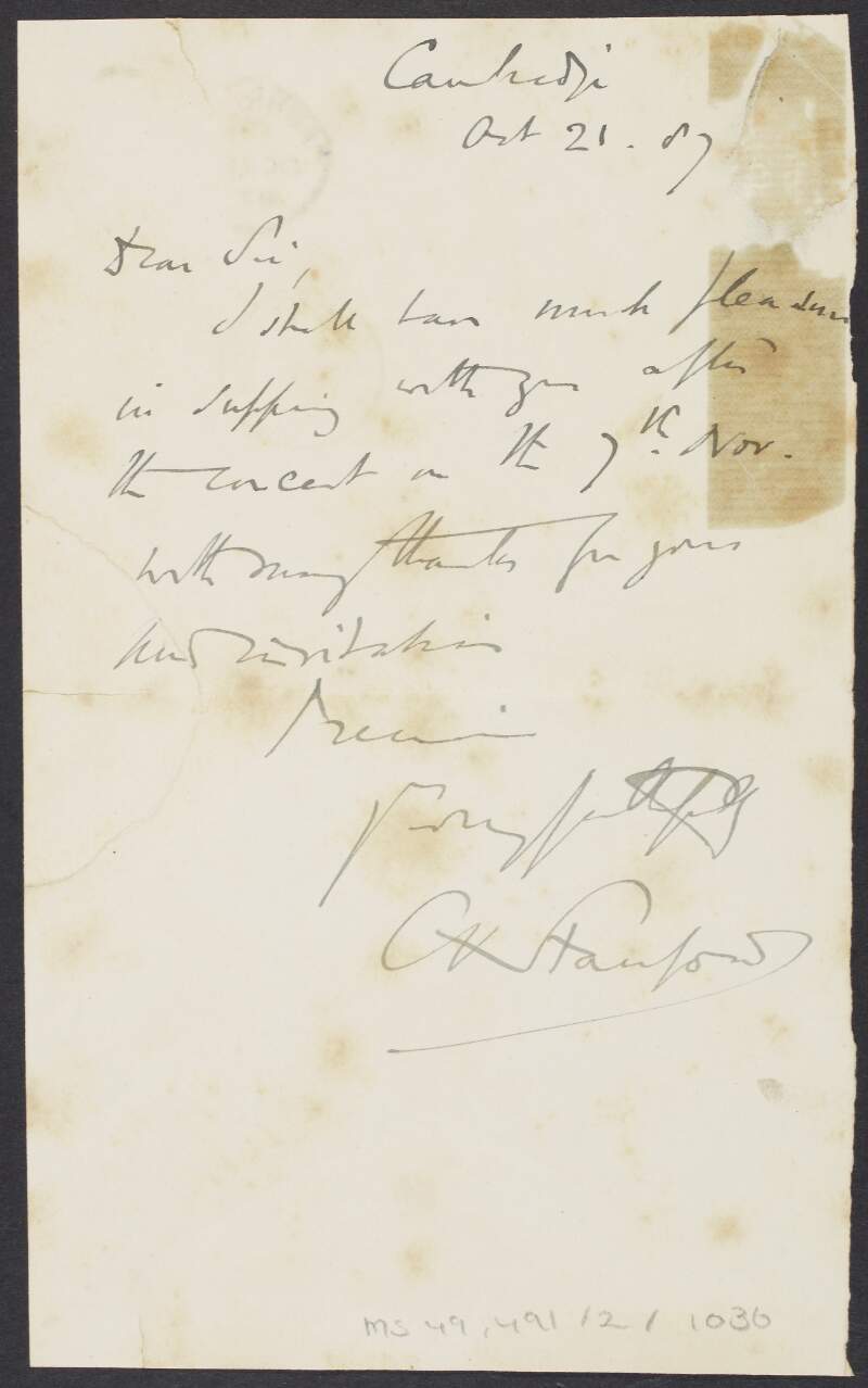 Letter from Charles Villiers Stanford, to W.M. Hertz, accepting an invitation to dinner,