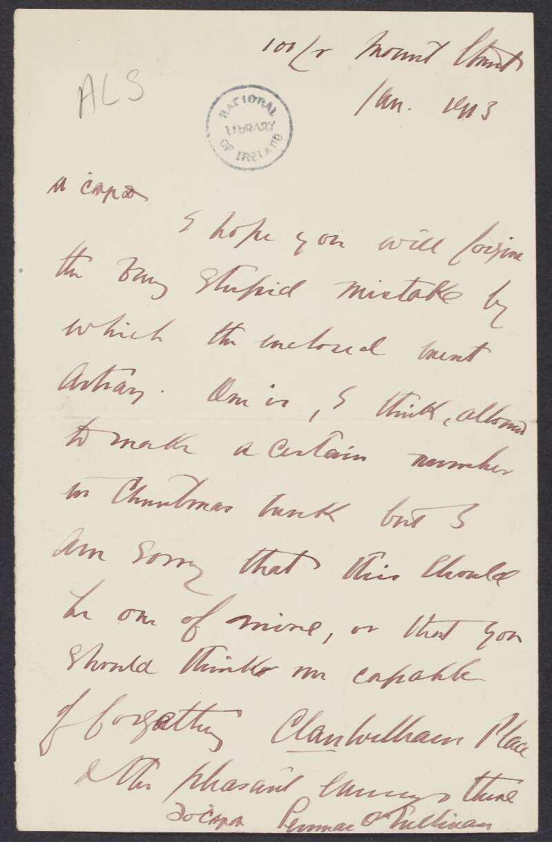 Letter from James O'Sullivan Starkey [Seamus O'Sullivan], to unidentified recipient, apologising for not sending an enclosure sooner,