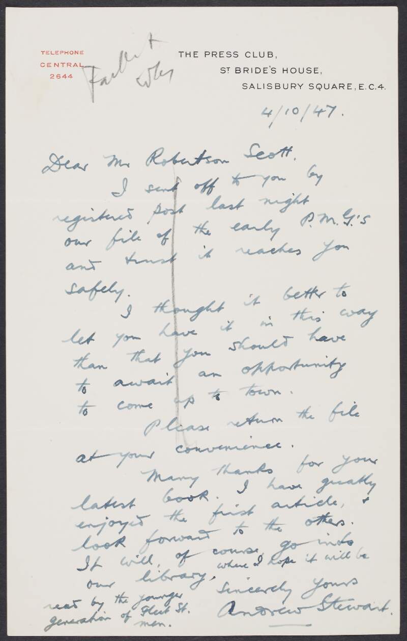 Letter from Andrew Stewart, to John William Robertson Scott, enclosing a file and thanking him for a book,