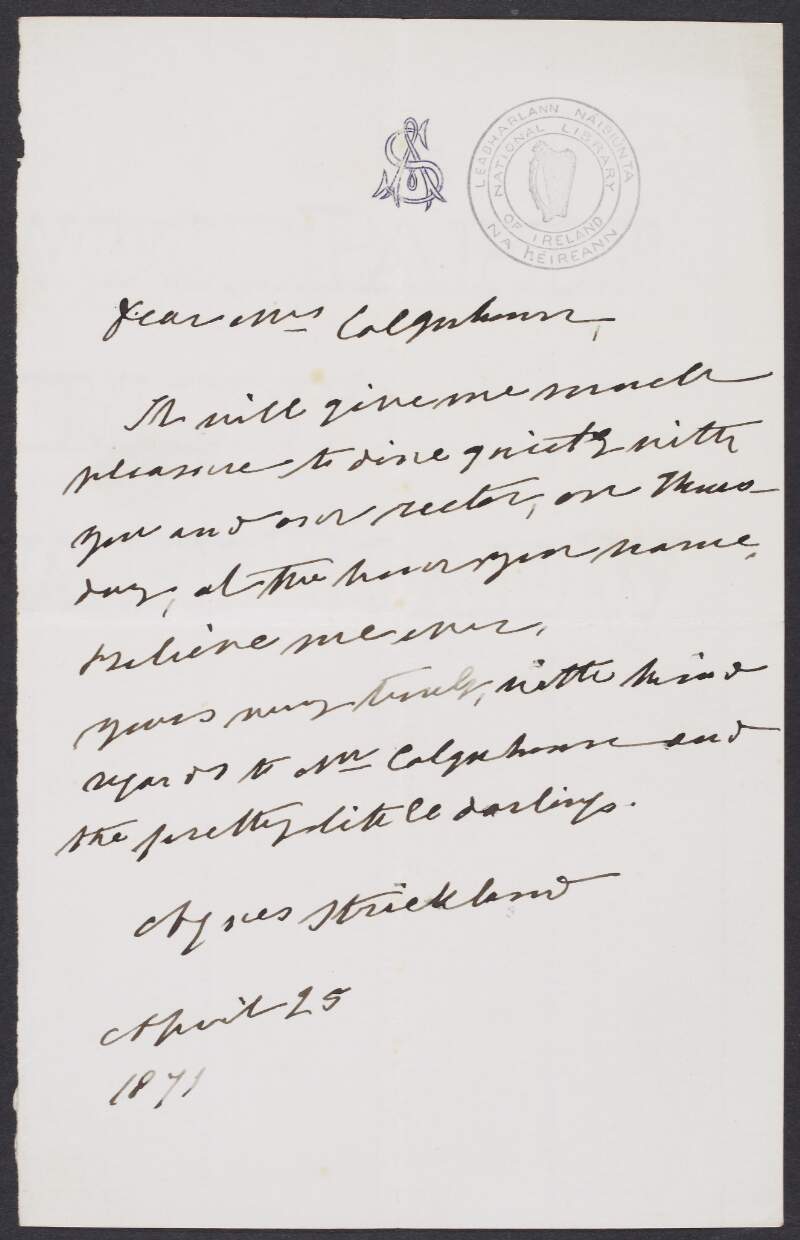 Letter from Agnes Strickland, to "Mrs Colquhoun", accepting an invitation to dine,