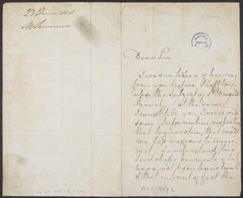 Letter from George Holme Sumner, to unidentified recipient, informing him that he does not think the chance to invest in an annuity of Walter Butler, 1st Marquess of Ormonde,