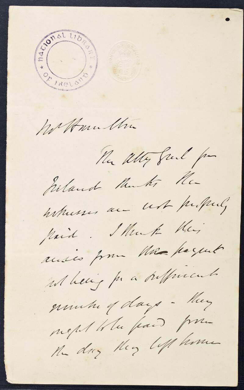Letter to George Alexander Hamilton, politician, concerning a payment to the Attorney General for Ireland,