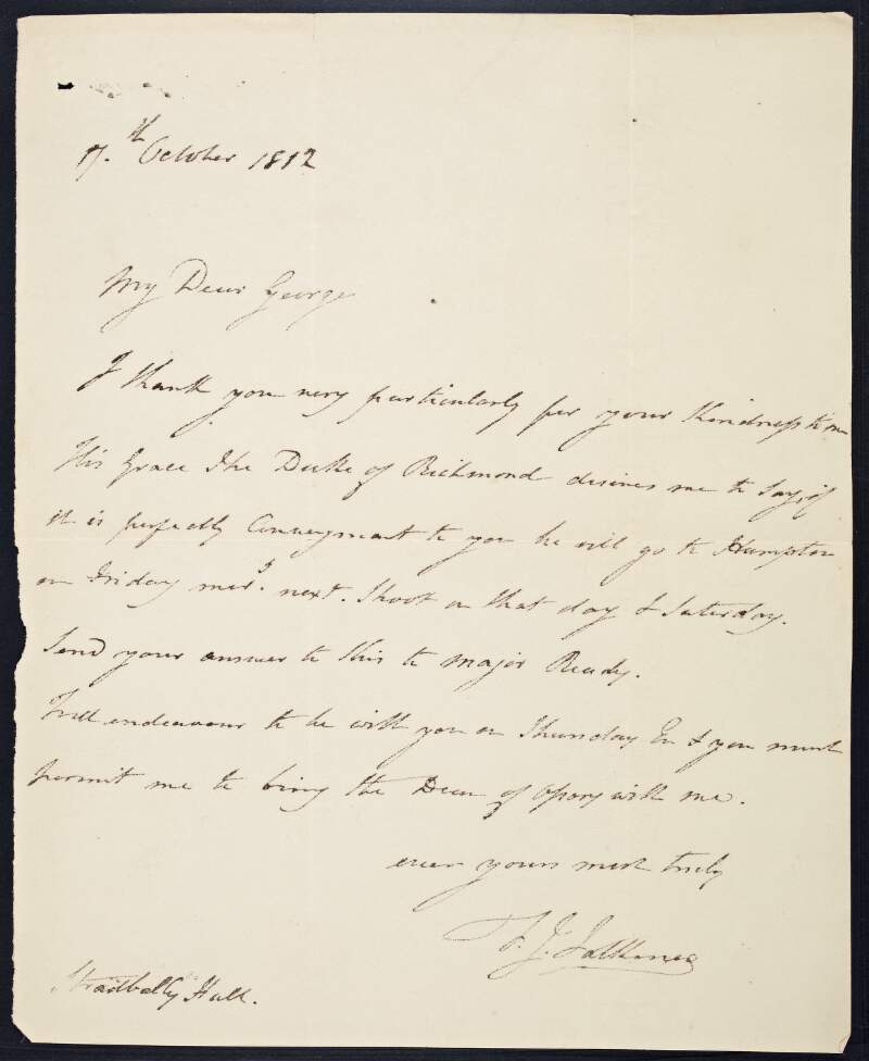 Letter from [F. J. Lackane]  to George [Hamilton?], regarding the Duke of Richmond [Charles Lennox]