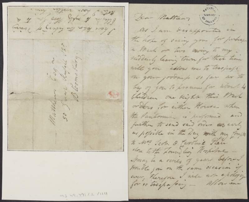 Letter from Montague Talbot, to "Matthews", asking him to organise pantomime tickets for some children,